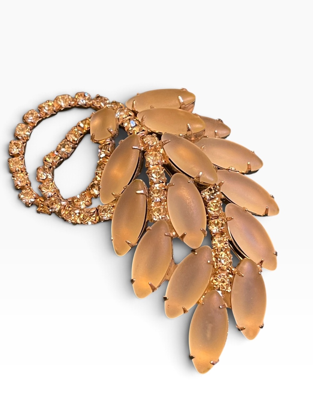 Vintage Frosted Yellow Glass Navette Rhinestone Cascading Leaf Brooch